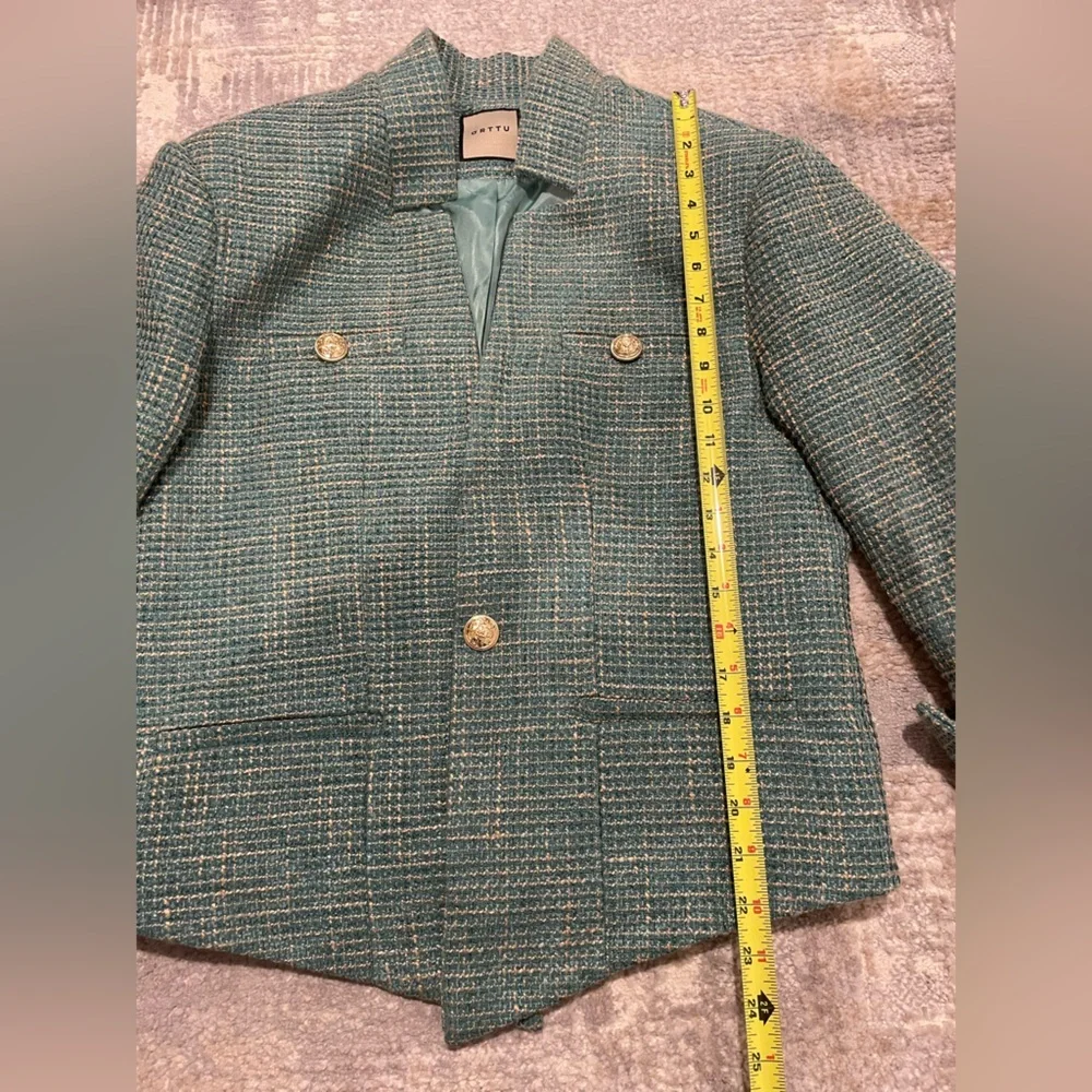 ORTTU Star Neck Jacket Green Tweed Gold Accents Size Medium Military Glamor $290